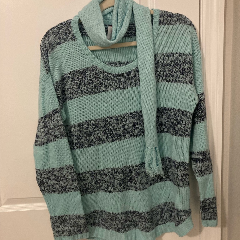 Teal and Gray Striped Sweater with Scarf